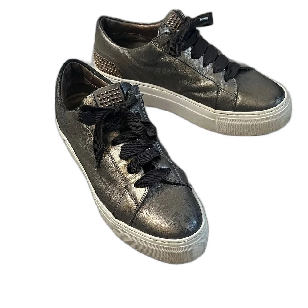AGL Metallic Pewter Leather Platform Sneakers Rose Gold Studs Size 11, 41
